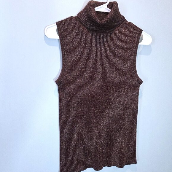 Joseph A. Brown and Gold Ribbed Silk Sleeveless Turtleneck Sweater Size M - Picture 1 of 2
